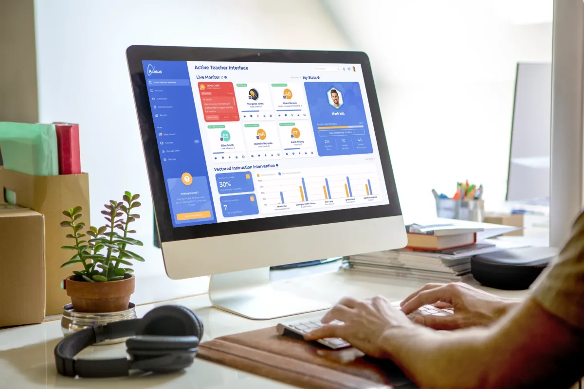A teacher at a desktop computer using the Active Teacher Interface, with live student cards and intervention charts on screen