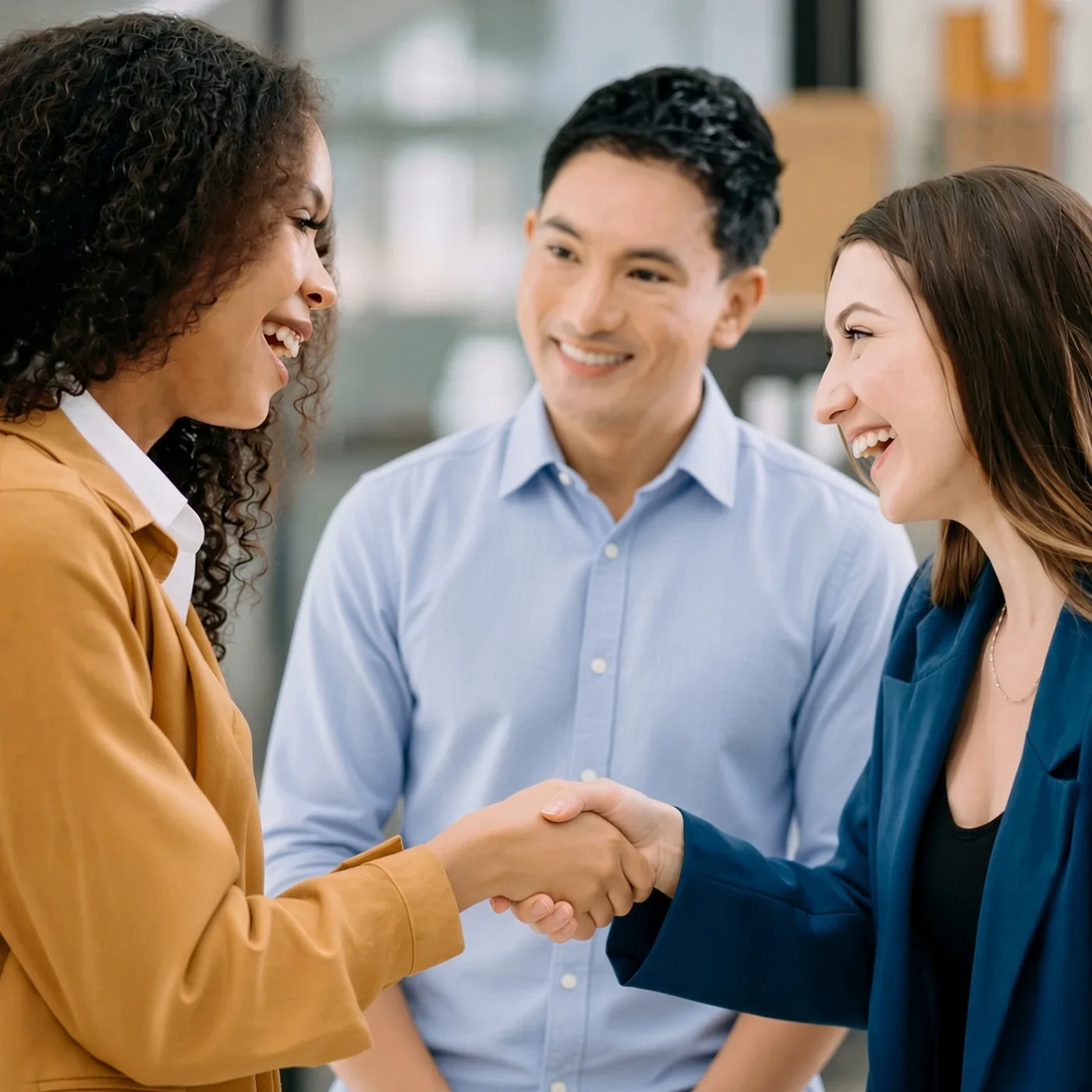 Three colleagues smile as two of them shake hands